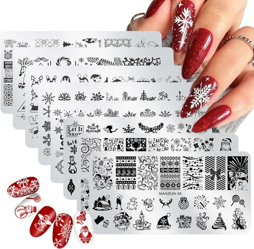 Miniatura 10 de Juego de 6 plantillas de estampado de uñas con líneas francesas, flores, hojas, diseño de corazón sonriente, kits de estampación, herramientas