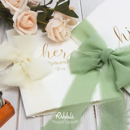 Miniatura 3 de Ribbli - Cinta de gasa de 1.5 pulgadas x 30 yardas de seda hecha a mano, color marfil/rosa suave/verde salvia con flecos, para invitaciones de boda