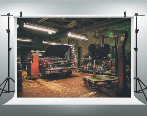 Miniatura 11 de Fondos de garaje antiguos para fotografía de 5 x 3 pies, fondos de reparación de automóviles temáticos para fiesta de fotos y accesorios de estudio