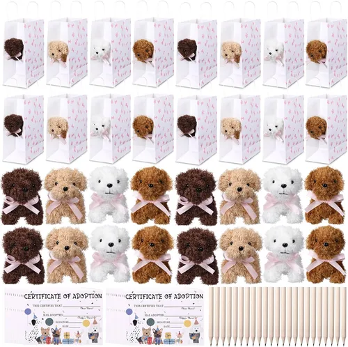 Miniatura 7 de HyDren Juego de 96 piezas de juguetes de peluche pequeños para perros de 4.7 pulgadas, bolsas de papel de peluche pequeños, tarjetas de adopción