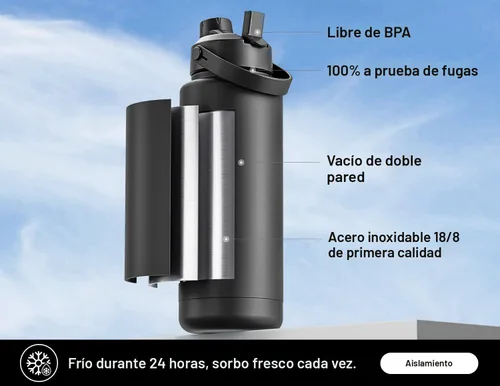 Miniatura 2 de POWCAN - Botella de agua térmica 2 en 1, sorbete y tapa con boquilla, antifugas, acero inoxidable sin BPA, apta portavasos automóvil, bebida fría 24