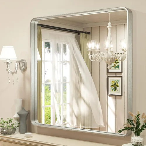 Miniatura 10 de TETOTE Espejo de marco dorado cepillado de 16 x 24 pulgadas, espejo de tocador de baño de latón dorado para pared, espejo enmarcado rectangular