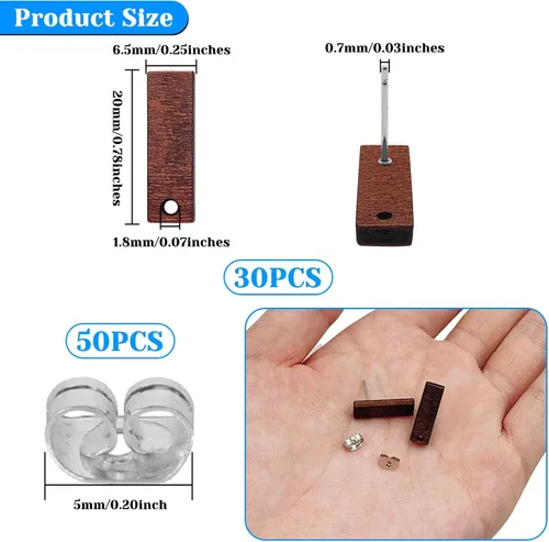 Miniatura 3 de Postes de madera para la fabricación de joyas, 80 piezas de aretes de madera, aretes de madera, aretes de madera, aretes a granel con parte trasera