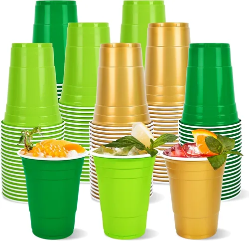 Whaline 60 vasos de plástico para el Día de San Patricio de 16 onzas, vasos desechables de oro verde para fiestas irlandesas, suministros de fiesta