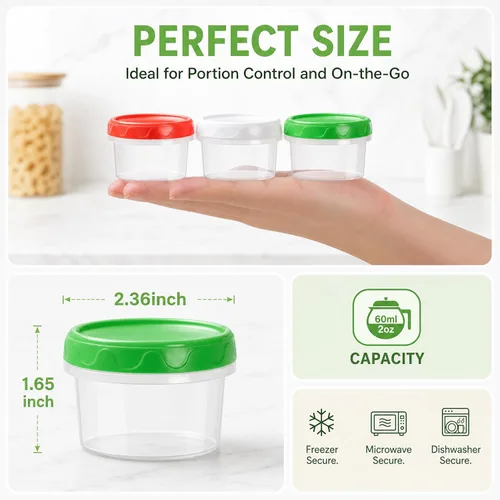 Miniatura 2 de EONJOE Recipientes de plástico de 2 onzas con tapas, recipiente pequeño para aderezo de ensalada para llevar, tazas para salsas y condimentos