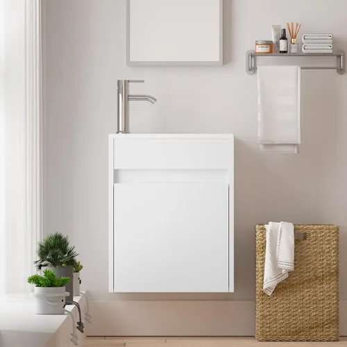 Miniatura 2 de Tocador de baño blanco con fregadero de cerámica combinado, tocador de baño de montaje en pared, 16 pulgadas de largo x 9.8 pulgadas de ancho x 20.3