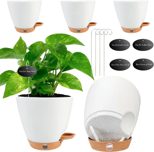 Miniatura 22 de Macetas de riego automático de 6 pulgadas para plantas de interior (paquete de 5) – Pequeñas macetas de plástico con ventana de nivel de agua