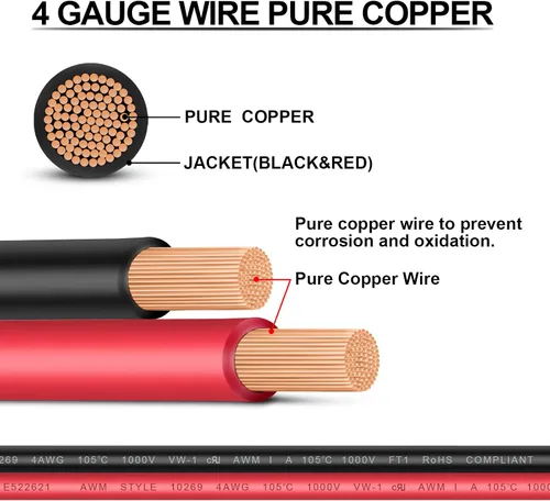 Miniatura 4 de iGreely - Cables de batería de calibre 4 para inversor de corriente con lengüetas de 5/16 pulgadas para panel solar, motocicleta, caravana y marina