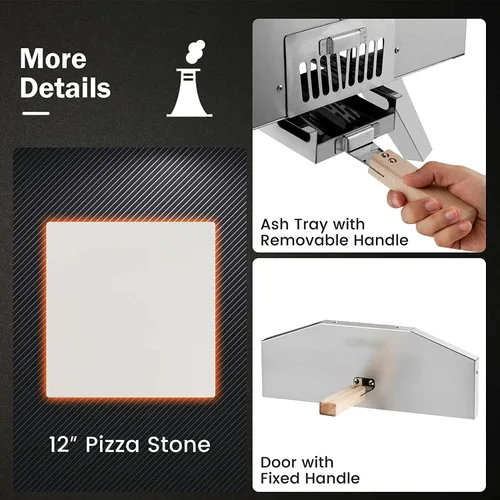 Miniatura 8 de Happygrill Horno de pizza al aire libre, portátil, de acero inoxidable, estufa de pizza de pellets de madera con piedra de pizza de 12 pulgadas