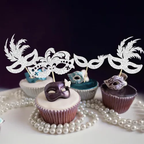 Miniatura 7 de Gyufise 24 máscaras de mascarada para cupcakes con purpurina plateada, máscara de despedida de soltera para cupcakes, decoraciones para bailes