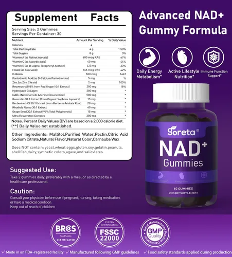 Miniatura 2 de Gomitas NAD+, suplemento de resveratrol NAD para adultos, colágeno, quercetina, berberina, rodiola y extracto de semilla de uva, apoya la energía