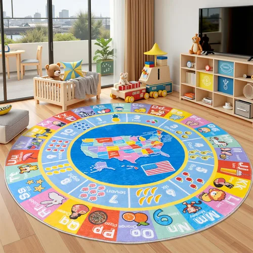 Alfombras infantiles para sala de juegos, suave y antideslizante, alfombra educativa redonda de 4 x 4 pies para aprender alfabetos ABC, números,