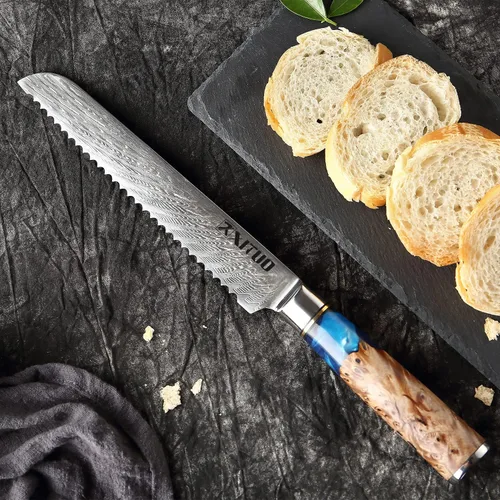 Miniatura 7 de XITUO VG10 Juego de cuchillos de chef japoneses de acero Damasco de 4 piezas, resina azul y mango de madera, cuchillo de chef de 8 pulgadas