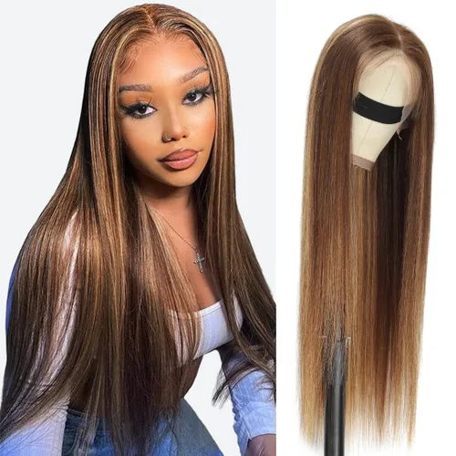 Miniatura 18 de ALHER Pelucas de cabello humano con encaje frontal de gorra pequeña #4/27 rubio miel con reflejos, pelucas de encaje frontal de 13 x 4 con cabello
