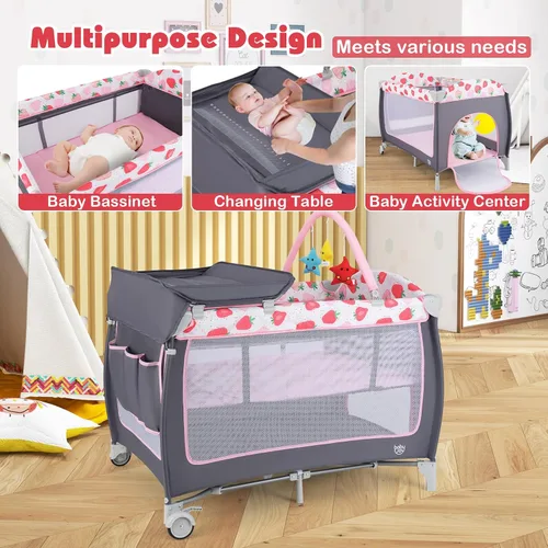 Miniatura 9 de BABY JOY 4 en 1 Pack and Play, corralito portátil para bebé con moisés, puerta lateral con cremallera, cambiador, centro de guardería de viaje