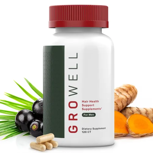 GroWell Suplementos para el crecimiento del cabello para hombres – Clínicamente probados para una cobertura visiblemente más gruesa del cabello y el