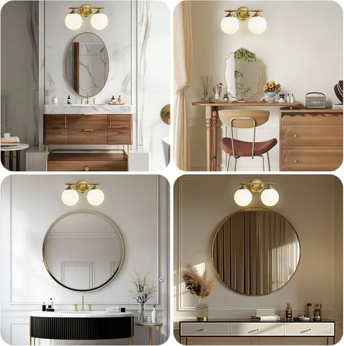 Miniatura 5 de Rayogale Lámparas de baño doradas, ETL 2 luces de tocador sobre espejo con vidrio esmerilado, iluminación suave, apliques de baño de 15 pulgadas