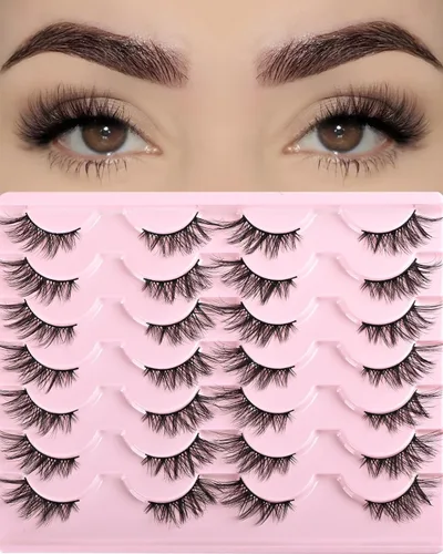 FARRED Pestañas Postizas Naturales de Media Pestaña Difusas Tiras de Ojo de Gato 14 Pares de Pestañas de Tira de Imitación de Visón para Maquillaje