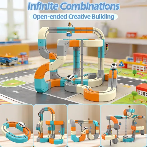 Miniatura 5 de Juego de tren eléctrico 3D para niños, pista de carreras de gravedad mágica con aprendizaje STEM, cubos y bloques flexibles, juguete para niños