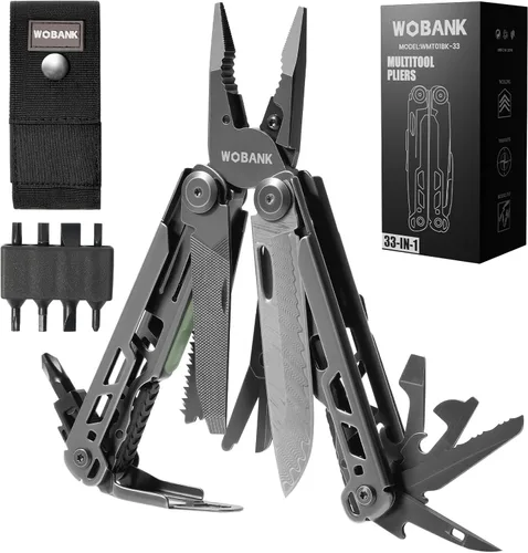 Miniatura 10 de Multiherramienta, alicates multiherramienta de acero inoxidable 16 en 1 con llave hexagonal ajustable, cuchillo de bolsillo de damasco, funda