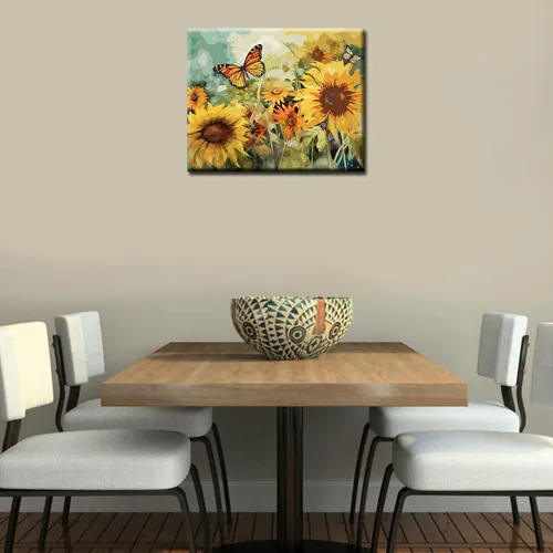 Miniatura 3 de Tucocoo Kits de pintura de paisaje de girasoles por números con pinceles y pigmento acrílico sobre lienzo para adultos, patrón de mariposas y flores