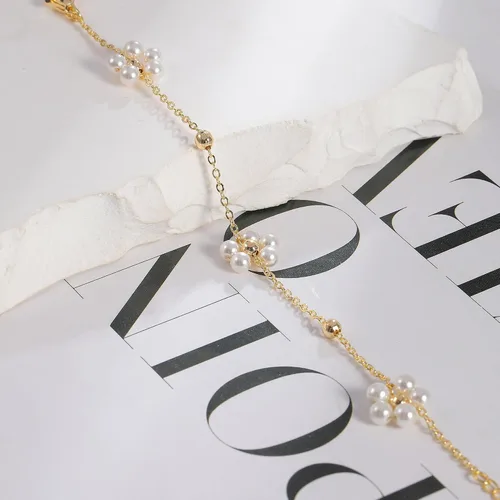 Miniatura 5 de Pulsera de oro para mujer, chapada en oro de 14 quilates, con cuentas de margaritas y perlas de tenis, joyería simple