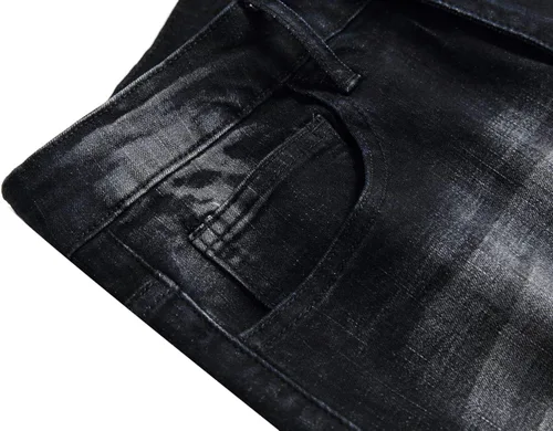 Miniatura 5 de QIMYUM Jeans ajustados para hombre, jeans ajustados rasgados para hombre, jeans de motociclista, elásticos, pantalones de mezclilla de Moto Cargo