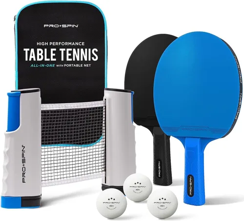 PRO-SPIN Juego de ping pong portátil con red retráctil para cualquier mesa, juego de tenis de mesa todo en uno con paletas de ping pong, pelotas y
