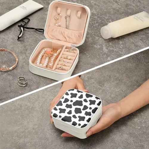 Miniatura 2 de Joyero cuadrado de viaje con estampado de vaca de piel sintética, pequeño organizador de joyas para mujeres y niñas, estuche portátil de viaje