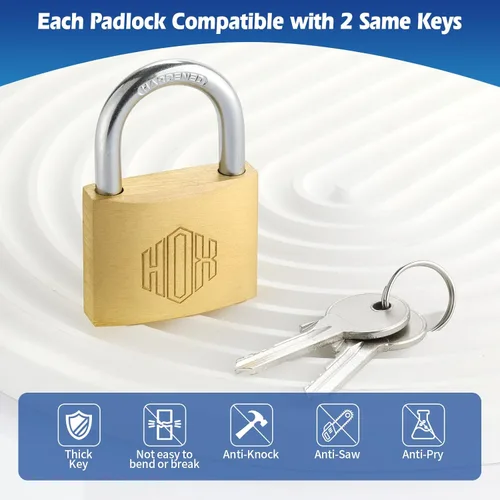 Miniatura 5 de HOX Candado de latón macizo con llave diferente con cuerpo de 1-9/16 pulgadas de ancho, cilindro de latón, para cerrojo, cobertizos, vallas