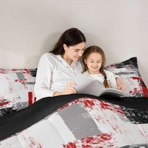 Miniatura 6 de Feelyou Edredón Abstracto Juego de Edredón de Arte Abstracto Moderno para Niños y Niñas Juego de Ropa de Cama con Patrón Rojo Gris Negro Decoración