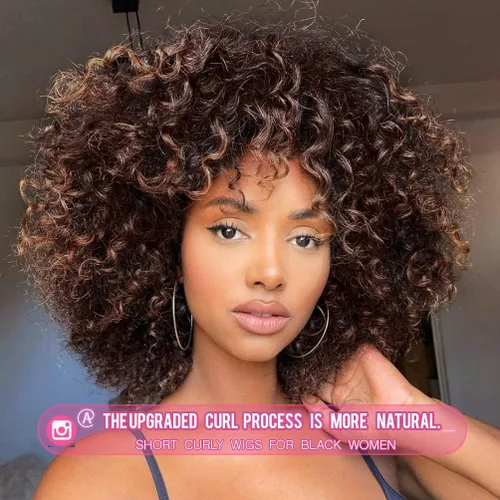 Miniatura 2 de rosmile Pelucas Rizadas para Mujeres Negras - Peluca Afro Completa de Cabello Sintético Africano Americano Negro Mezclado Castaño Oscuro Rizado
