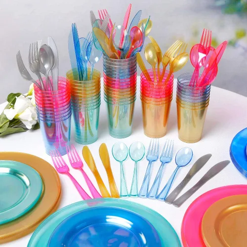 Miniatura 4 de WDF 25 platos azules para invitados con cubiertos desechables y vasos azules, vajilla de plástico transparente neón incluye 25 platos de cena