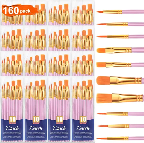 Miniatura 20 de ESRICH Juego de pinceles de pintura acrílica, 16 paquetes/160 unidades, cabezal de cepillo de nailon, adecuado para acrílico, óleo, acuarela, cuerpo