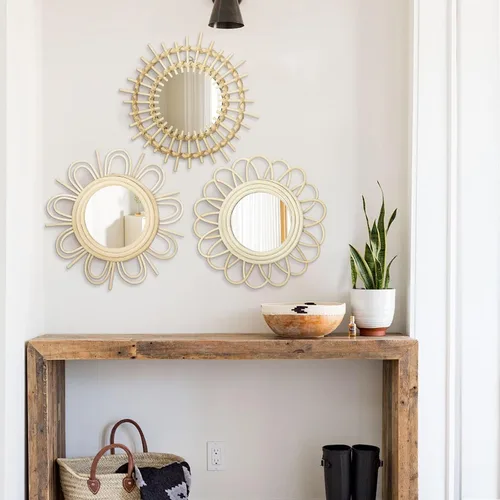 Miniatura 4 de Briful Espejos de Pared Decorativos Beige Juego de 3 Espejos de Pared Redondos de Madera Montados en Pared Espejos Sunburst Colgantes Arte de Pared