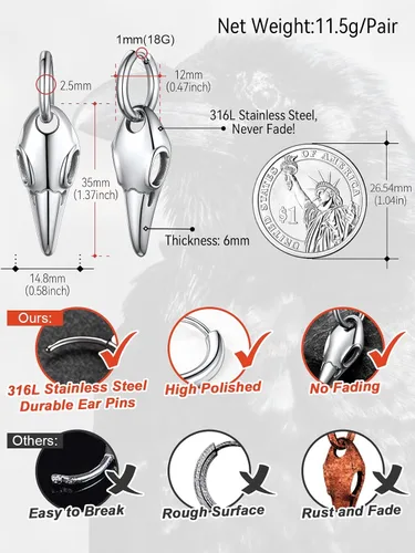 Miniatura 6 de FaithHeart Pendientes de tuerca Raven para mujeres y hombres, de acero inoxidable, punk gótico, nórdico, vikingo, con delicado embalaje de regalo