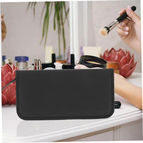 Miniatura 3 de DOITOOL Elegante soporte para brochas de maquillaje de lona, organizador de 15 bolsillos para cosméticos ordenados, negro, 11.8 x 11.0 in