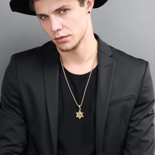Miniatura 45 de U7 - Collar con Estrella de David para hombres y mujeres, dije hexagonal de acero inoxidable con cruz/piedra de rubí/collares clásicos judíos