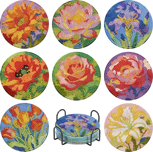 Miniatura 10 de Leatrice 6 piezas de posavasos de arte de diamante pequeños kits de pintura de diamante para adultos con puntos de diamante redondos, taladro