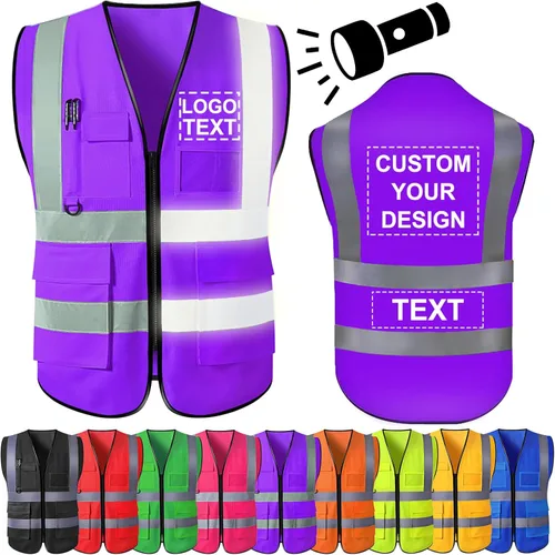 Miniatura 11 de Chaleco de seguridad personalizado para hombre, chaleco personalizado de alta visibilidad, ropa de trabajo con tira reflectante, 5 bolsillos Azul