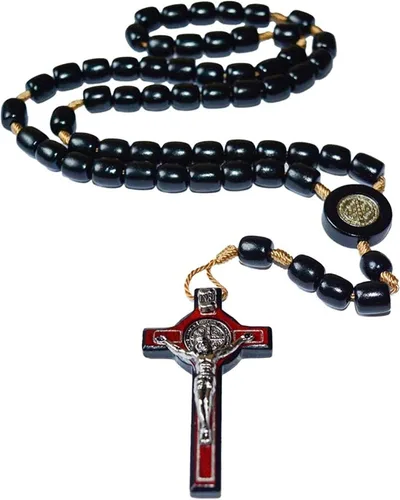 Miniatura 4 de Catholica Shop Collar de cruz de plata con cuentas de madera Rosario I Religious Wear Saint Benedict I Collar de cruz negra para hombres y mujeres I