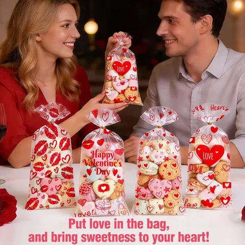 Miniatura 7 de Bolsas de San Valentín ONFAON, 180 piezas de bolsas de regalo de San Valentín con 200 lazos para empacar bocadillos, galletas y dulces, bolsas