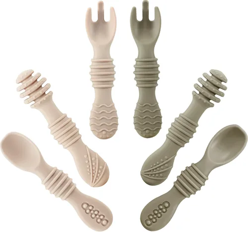 PandaEar Juego de 6 cucharas y tenedores de silicona para bebés (paquete de 6) | Utensilios de autoalimentación de silicona sin BPA para bebés de 6