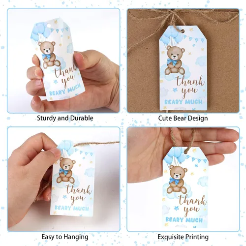 Miniatura 2 de Etiquetas de agradecimiento de oso, 50 etiquetas de regalo azules con cuerda para baby shower, etiquetas de regalo de agradecimiento para celebrar