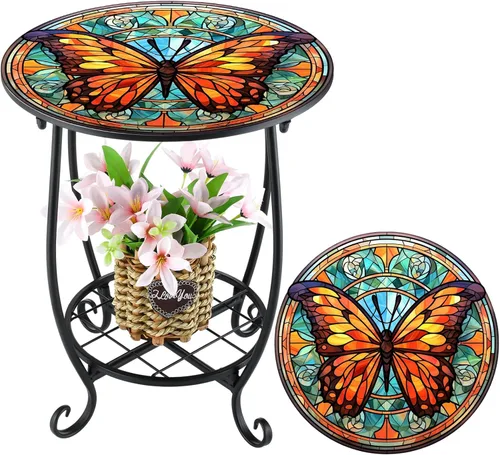 Miniatura 25 de Cinnvoice Mesa auxiliar redonda para exteriores, mosaico pequeño, decoración de patio, planta interior, mesa de té para patio, porche, jardín, sala