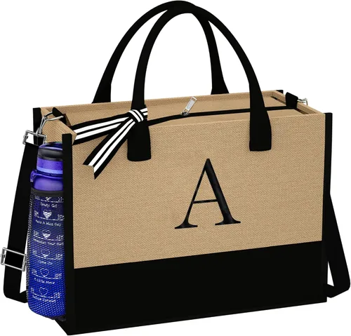 TOPEAST Jute Initial Tote Bag Burlap Beach Bag Personalized Birthday Gifts for Women Teacher Mom Bridal Bridesmaid Gifts