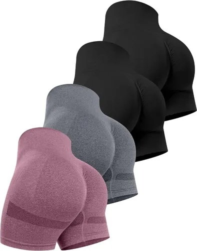 Miniatura 13 de CHRLEISURE Pantalones Cortos de Entrenamiento para Mujer, 4 Paquetes, Cintura Alta, Levantamiento de Glúteos con Fruncido, Pantalones Cortos Booty