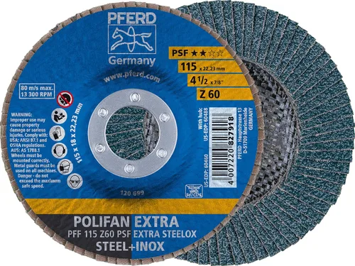 Miniatura 8 de PFERD POLIFAN® Disco Flap 4-1/2" x 7/8" Plano PSF-Extra, Circonita, Grano 40 (Paquete de 1) - Parte 60458
