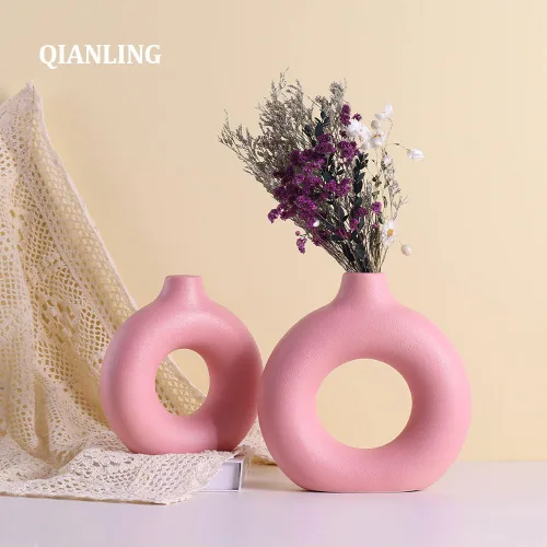 Miniatura 4 de Juego de 2 o 2 jarrones redondos de cerámica rosa, modernos jarrones rosados para centros de mesa, florero para decoración, se aplica a la sala