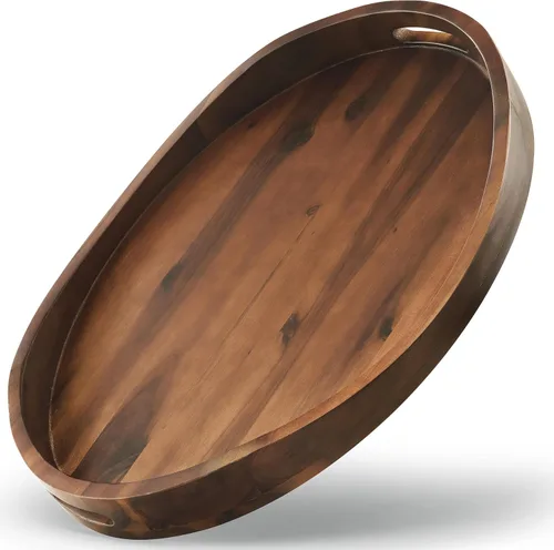Miniatura 7 de TIDITA Bandeja de servir ovalada de madera de acacia con asas - 16.5" x 13" Bandeja otomana de mesa ovalada de madera - Bandeja de servir redonda